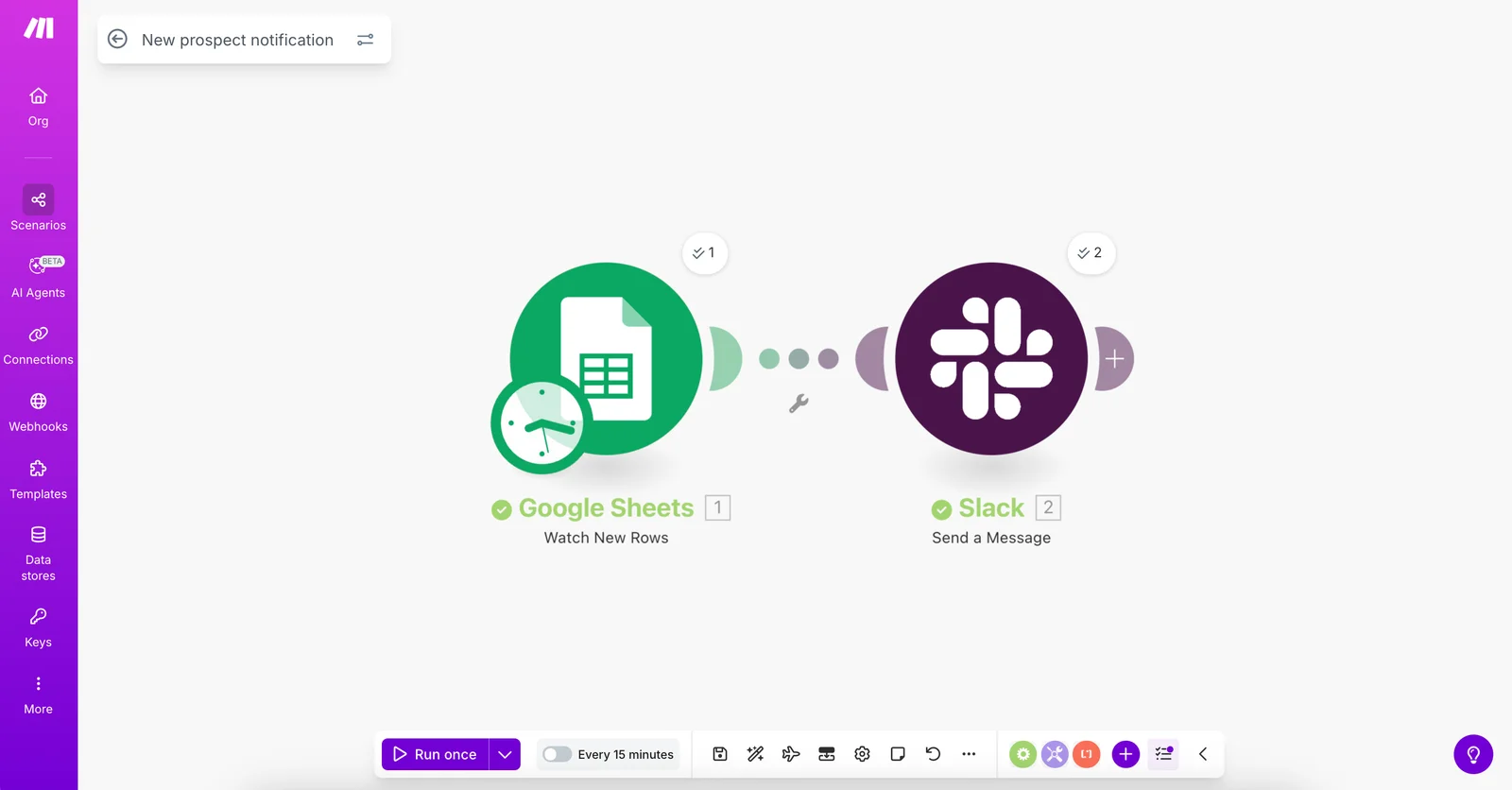 The Make scenario editor: a Google Sheets Watch New Rows module connected to a Slack Send a Message module, with the Run once button at the bottom