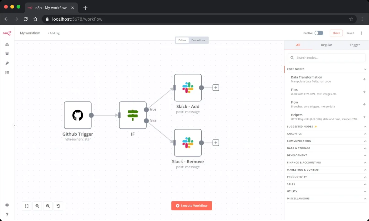 The n8n workflow editor: a GitHub trigger node connected to an IF node that branches to two Slack nodes, with the node library panel open on the right